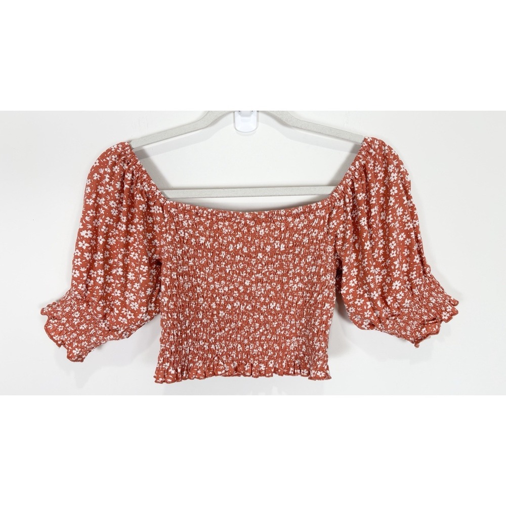 Billabong Coastal Sands Knit Top Shirt Puff Sleeves Smocked Cropped Floral Med